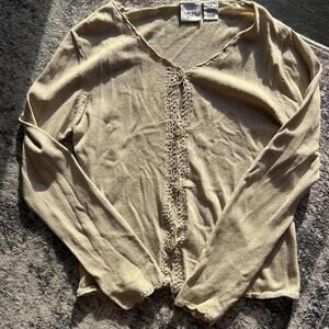 Tan and cream button-up lightweight cardigan with lace details